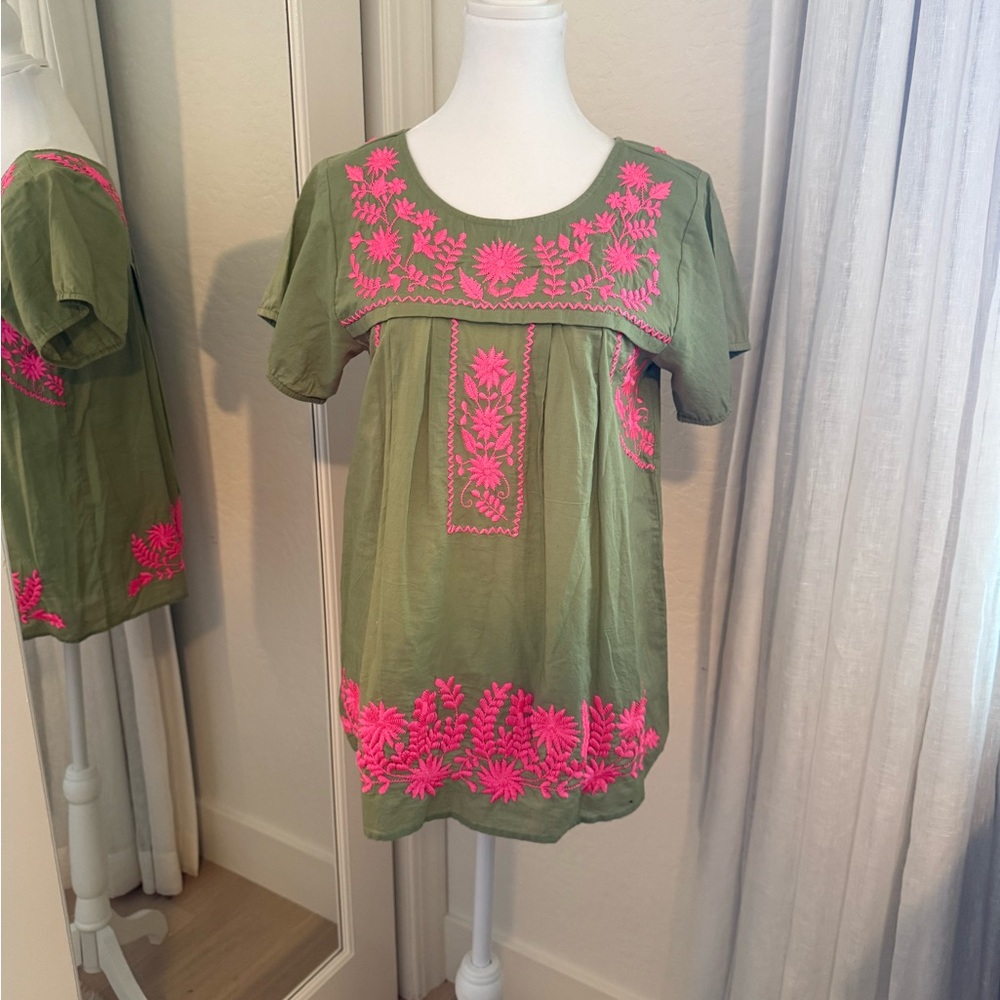 Calypso St. Barth Green Top with Pink Embroidery